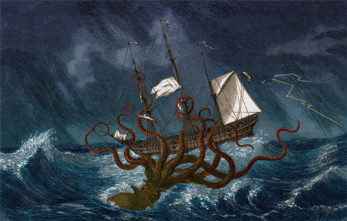 Цветная иллюстрация кракена, или гигантского кальмара, нападающего на корабль, около 1890 года